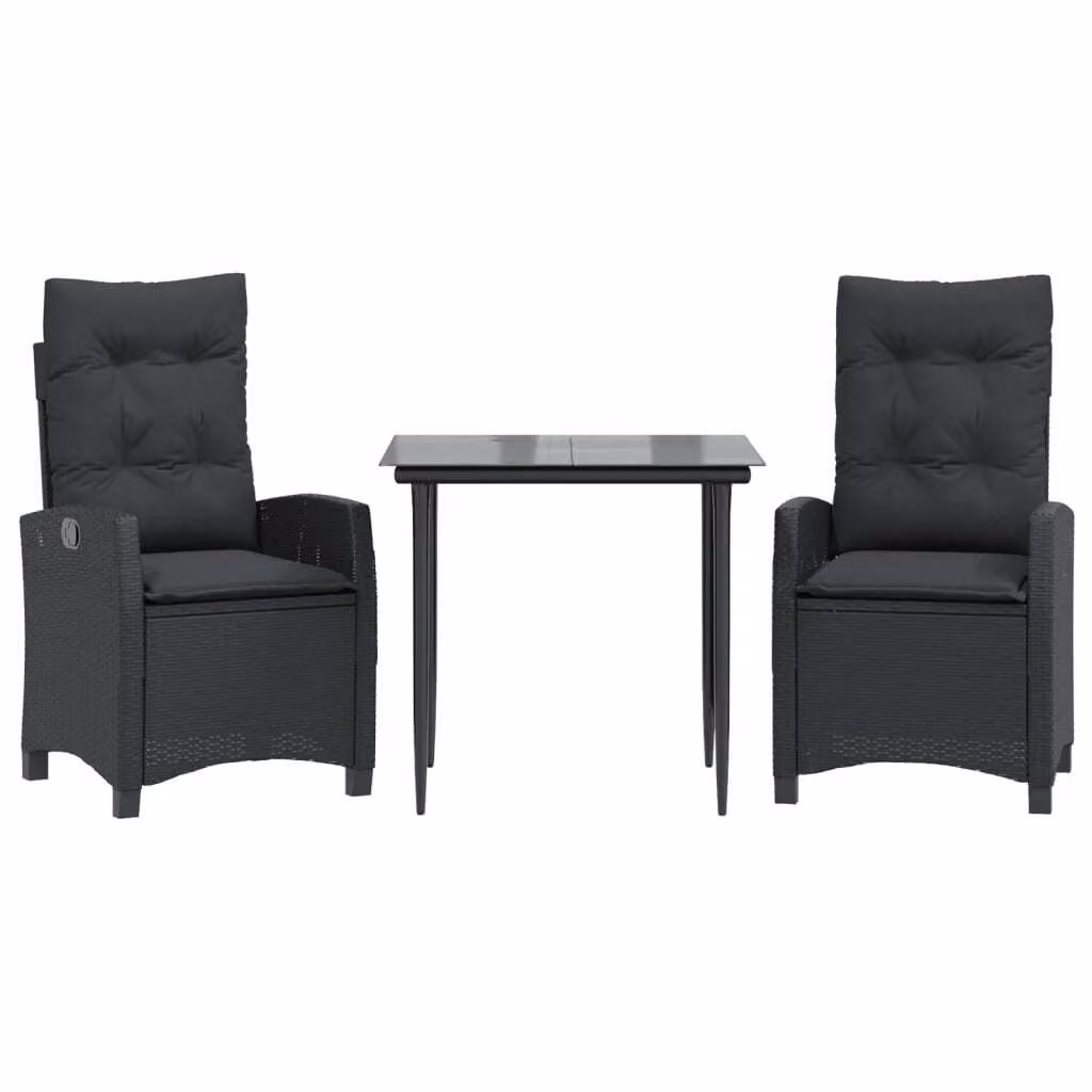 Set da Pranzo da Giardino 3 pz con Cuscini Nero in Polyrattan