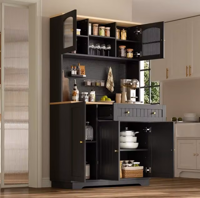 Credenza alta da cucina con ante vetrina; ripiani regolabili e pannello forato; 103;5x40x180 cm; nero