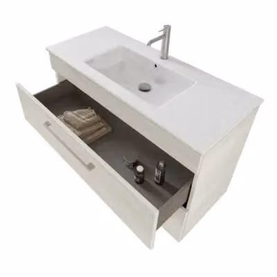 Mobile bagno sospeso INBAGNO Smart bianco e legno con specchio contenitore a LED L: 100 cm, P: 43 cm, H: 65,7 cm – 2
