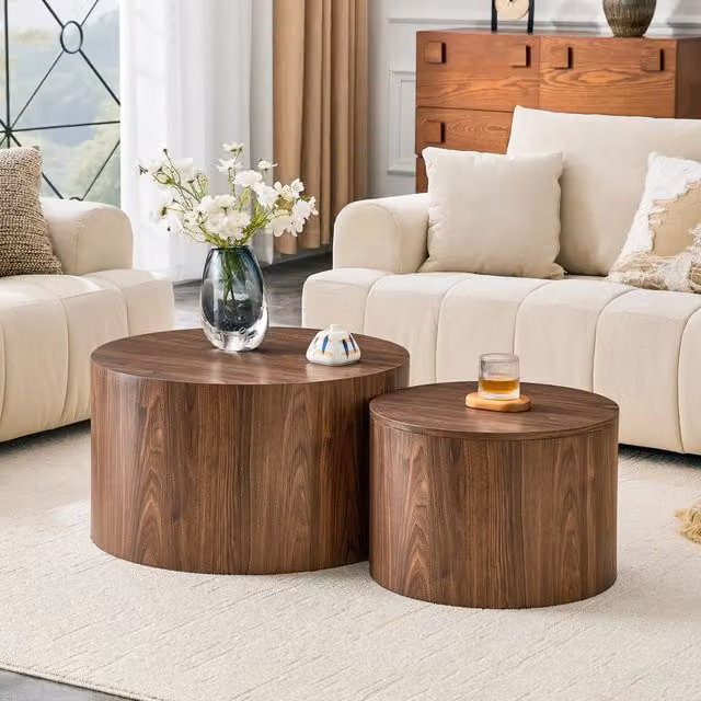 Set di tavolini bassi a incastro MIVRAY con vano contenitore e coperchio rimovibile, design moderno rotondo in MDF effetto legno noce, colore marrone