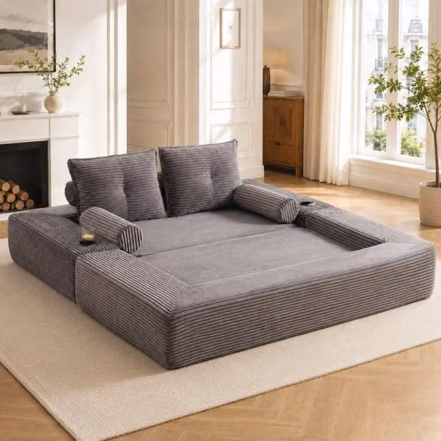 Divano Letto 2 Posti Pieghevole ¨C MINIMAL ¨C Tessuto a Coste, Schiuma Memory, con Tasche e Cuscini