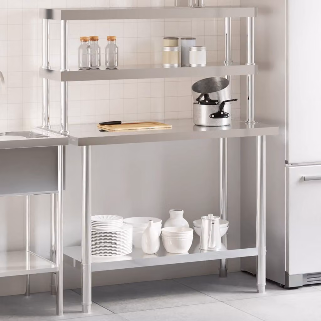 vidaXL Tavolo da lavoro professionale per cucina in acciaio inox argento L 110 cm x P 55 cm x H 150 cm