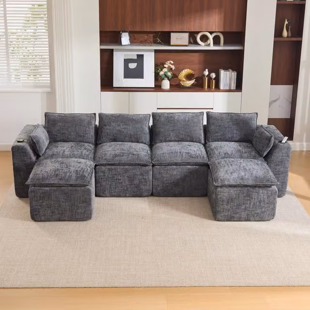 Divano modulare 4 posti con 2 pouf in ciniglia grigia; 322x161x75 cm