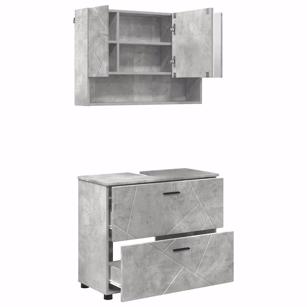 Set di mobili per il bagno vidaXL composto da mobile sottolavabo e armadietto con specchio, design moderno in legno e metallo, Grigio e Nero – 2