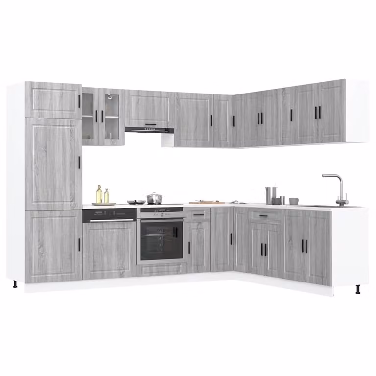 Set di mobili da cucina moderno vidaXL composto da 14 pezzi in colore grigio con dettagli in legno e vetro