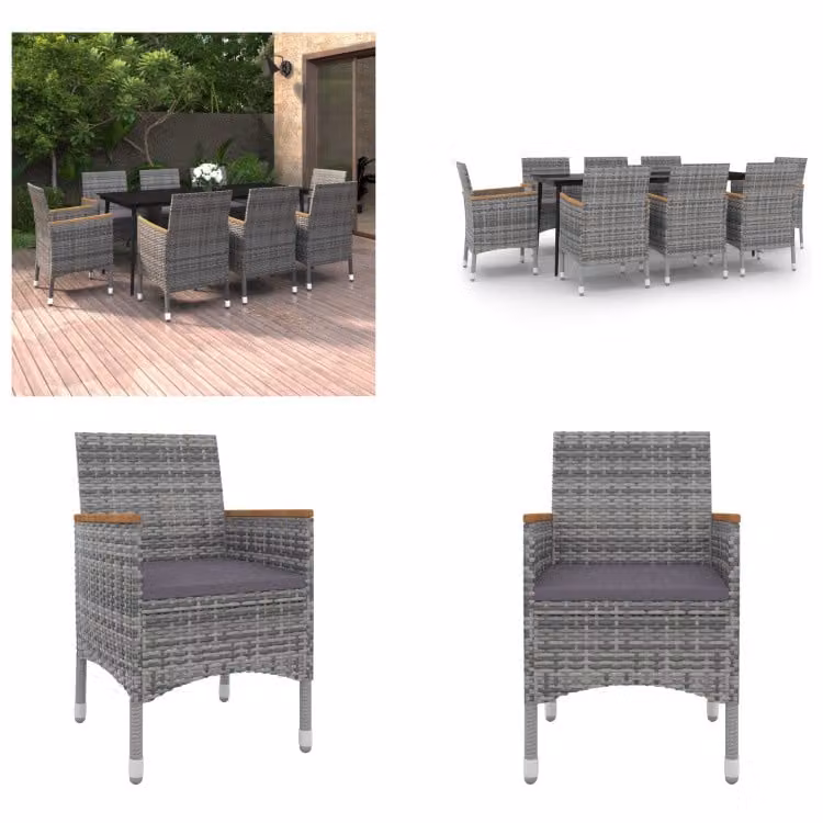 vidaXL Set da pranzo da giardino 9 pezzi con cuscini in polirattan e vetro - Set da pranzo da giardino - Set da pranzo da giardino - Set da pranzo da esterno - Tavolo e sedie da giardino