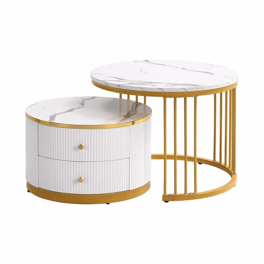 Set di 2 Tavolini da Caffè Minimal Rotondi Impilabili con 2 Cassetti, Bianco Effetto Marmo Lucido, L/P/H: 60 x 60 x 45.5 cm e 50 x 50 x 32 cm – 2
