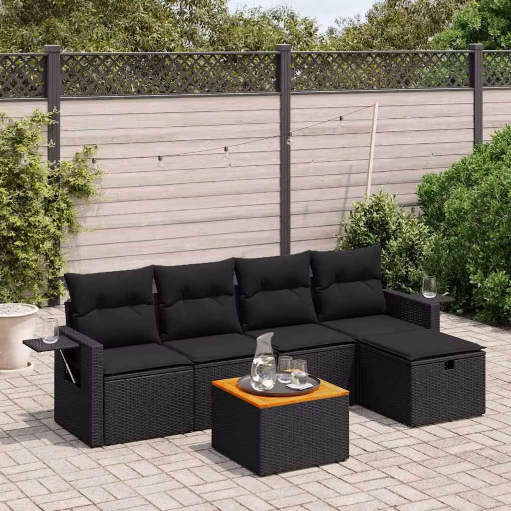 vidaXL Set Divano da Giardino a L 6 pz Nero con Cuscini e Tavolino in Polyrattan e Acciaio – 1