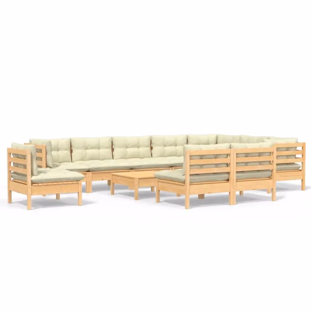 Set di Divani da Giardino vidaXL a Forma di U in Legno di Pino Massello con Cuscini Beige, 11 Pezzi – 2