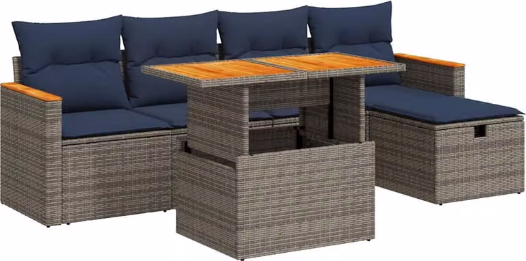 Set Divano da Giardino 6pz con Cuscini Grigio Polyrattan Acacia