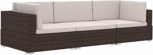 Set da giardino Outsunny a forma di L composto da 3 pezzi con divano a 3 posti, elemento angolare e cuscini imbottiti in tessuto marrone e bianco con struttura in metallo e rattan