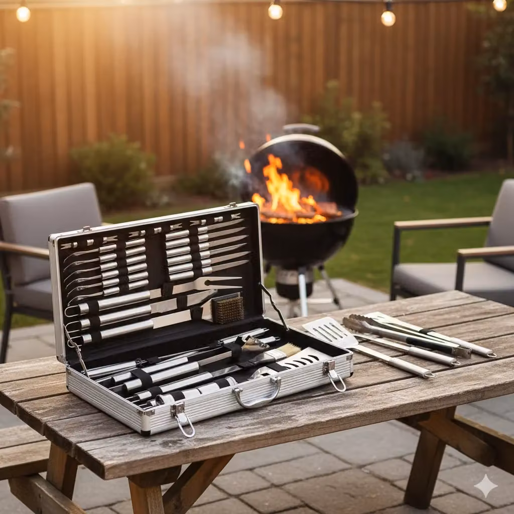 Set Valigetta Accessori per Barbecue Ompagrill in Acciaio Inox e Alluminio, 32 Pezzi, Argento – 2