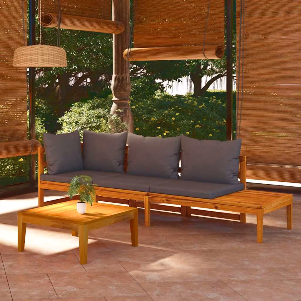 Set da giardino vidaXL composto da divano a 3 posti, elemento angolare e tavolino da esterno in legno di acacia oliato con cuscini grigi