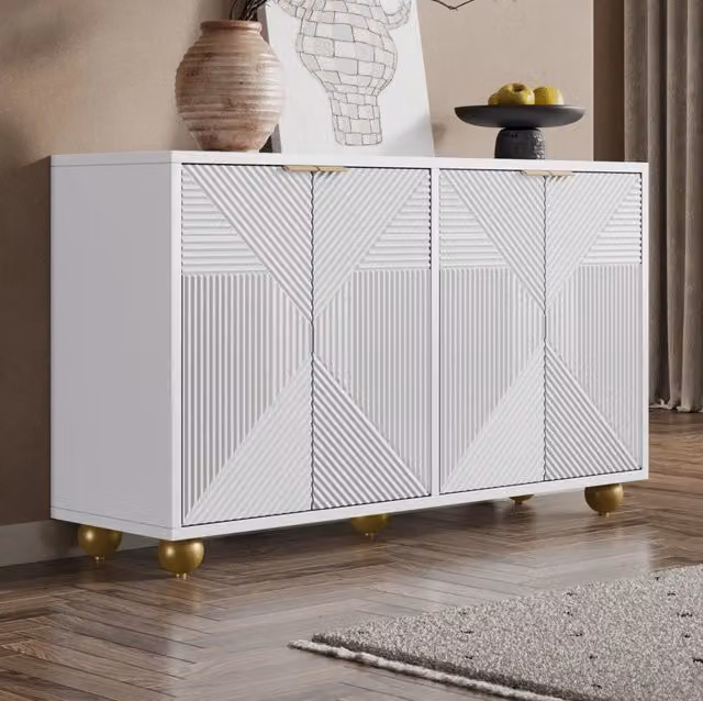 Sideboard moderno in MDF bianco con dettagli dorati e design geometrico, L: 120 cm, P: 35 cm, H: 71,5 cm