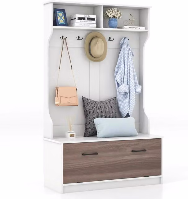 Costway Armadio con Appendiabiti Multifunzionale e Panca con 5 Ganci Doppi, Organizzatore per Ingresso o Camera da Letto, L 100 cm x P 39 cm x H 160 cm, Bianco