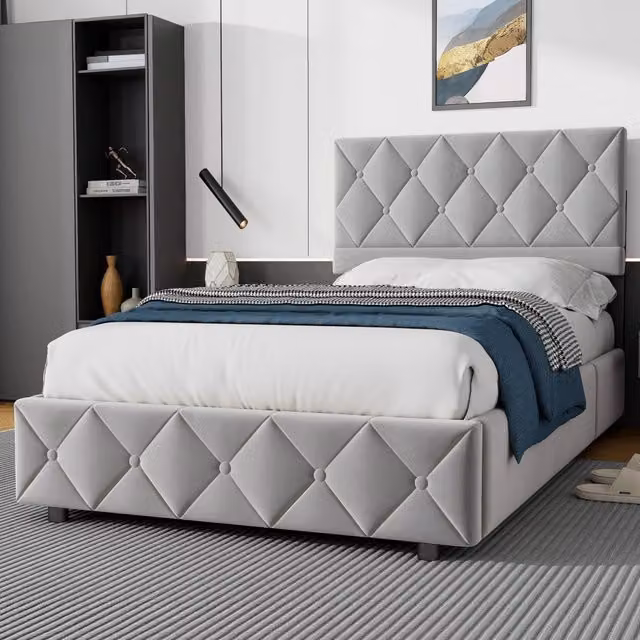 Letto singolo con contenitore 90x200 cm; testiera imbottita regolabile; rivestimento in velluto; grigio chiaro