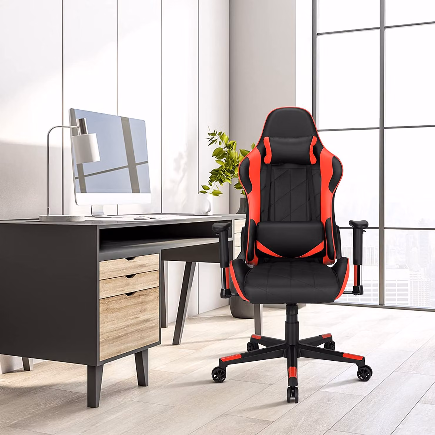 Sedia da gaming COSTWAY a 360°, sedia girevole in stile racing con poggiatesta e supporto lombare, angolo di inclinazione regolabile, sedia ergonomica per computer, ideale per il gaming, la casa e l'ufficio (rossa)