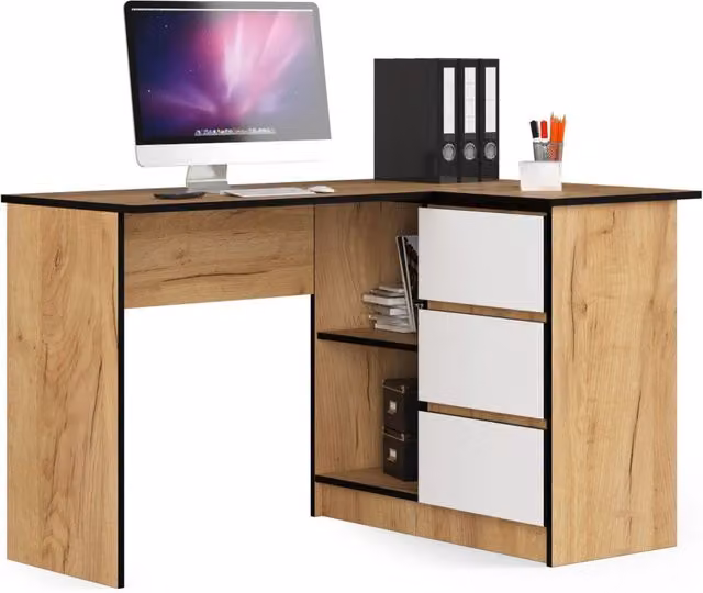 Scrivania angolare AKORD B16 Quercia Craft 124 cm 3 cassetti inserto frontale Bianco 124x85x77 cm Modello a destra