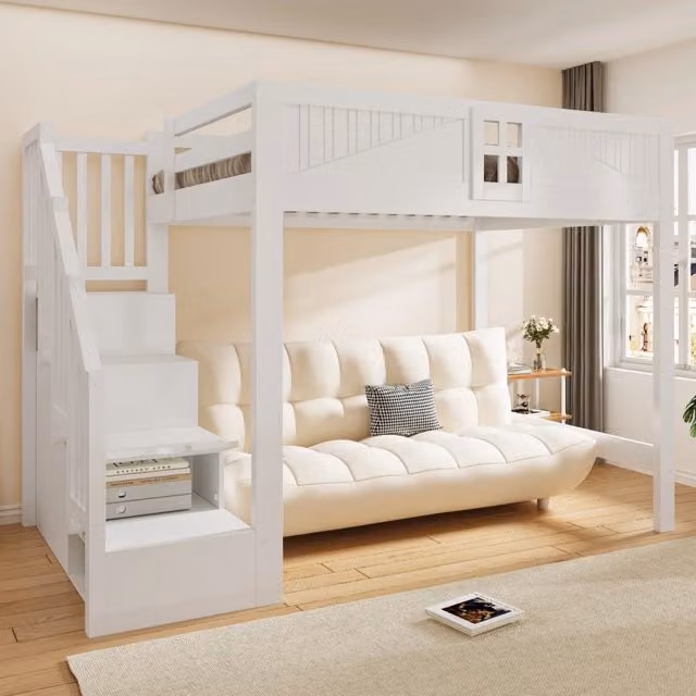 Letto a soppalco 140x200 cm in legno bianco con scala contenitore; ringhiera di sicurezza e spazio studio