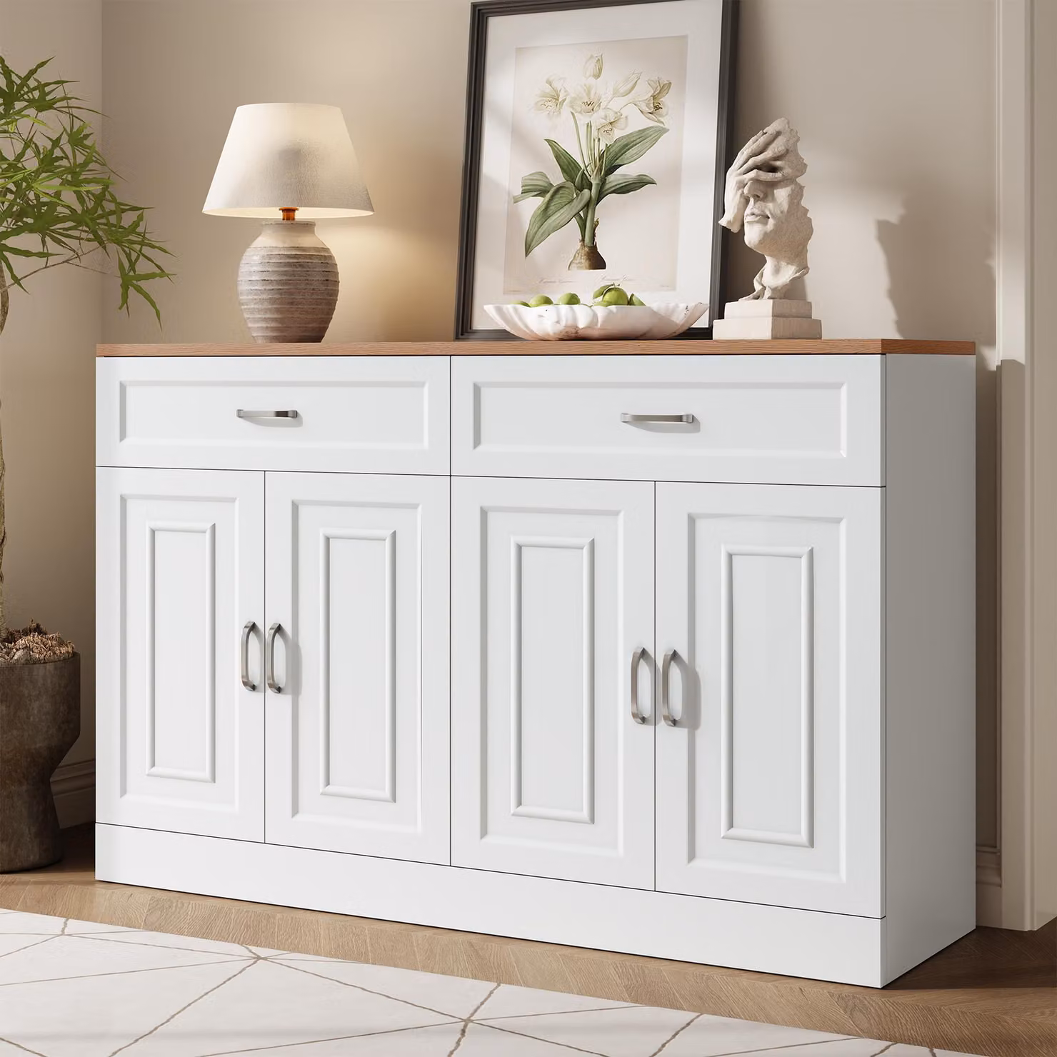 Credenza Merax a 4 ante e 2 cassetti 120 cm, cassettiera con ripiani regolabili in bianco e venature del legno, chiusura ammortizzata, protezione antiribaltamento