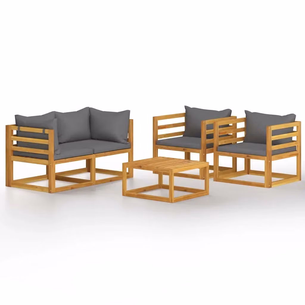 Set di divani da giardino vidaXL in legno di acacia con cuscini grigi, composizione a L con tavolino e poltrone, 5 pezzi – 2