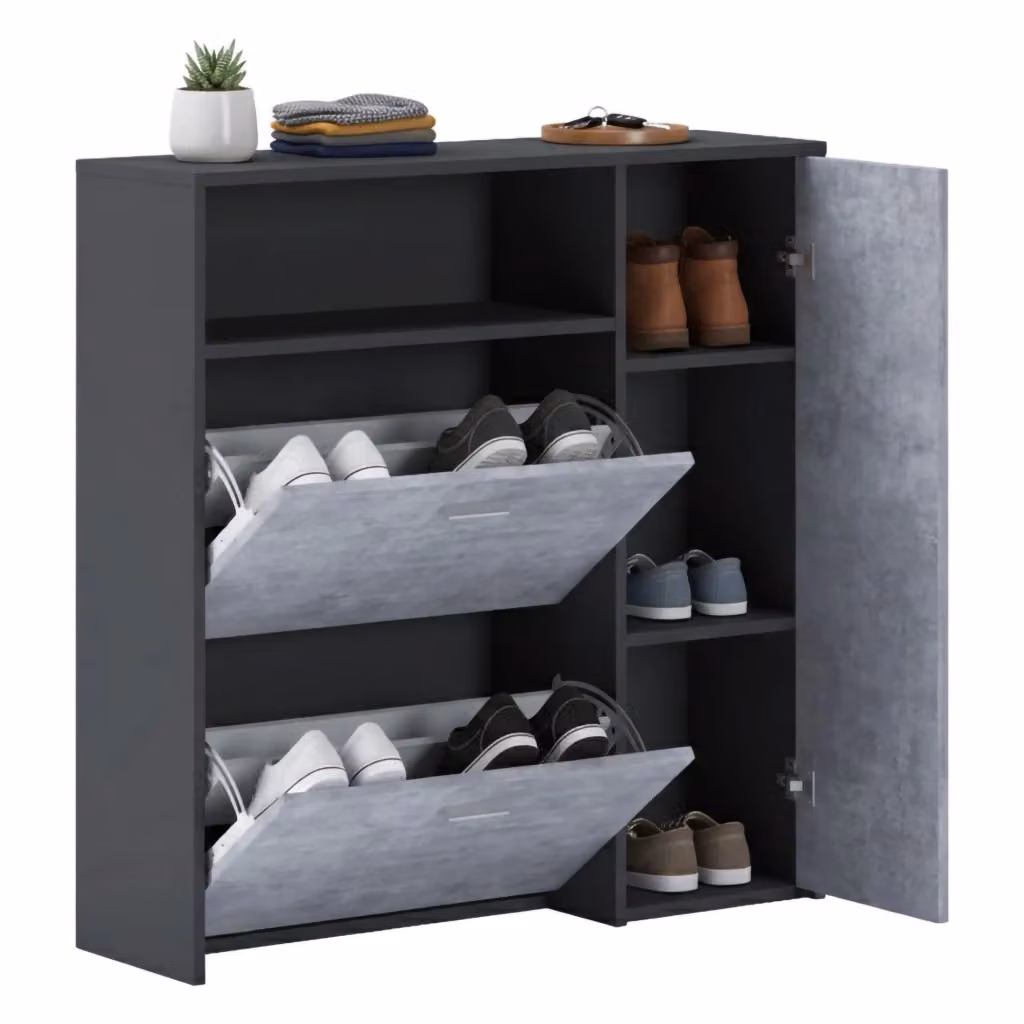 Scarpiera DMORA moderna con 3 ante e ripiani interni, armadietto porta scarpe per ingresso, Antracite e Grigio, L: 91 cm, P: 26,6 cm, H: 94 cm – 2
