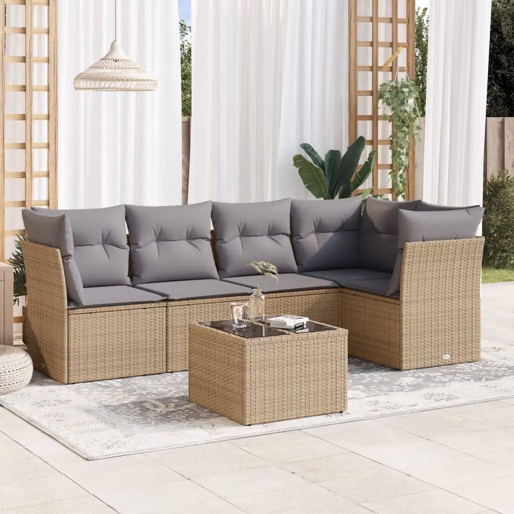 vidaXL Set Divano da Giardino 6 pz a L con Cuscini Beige e Tavolino in Polyrattan e Metallo