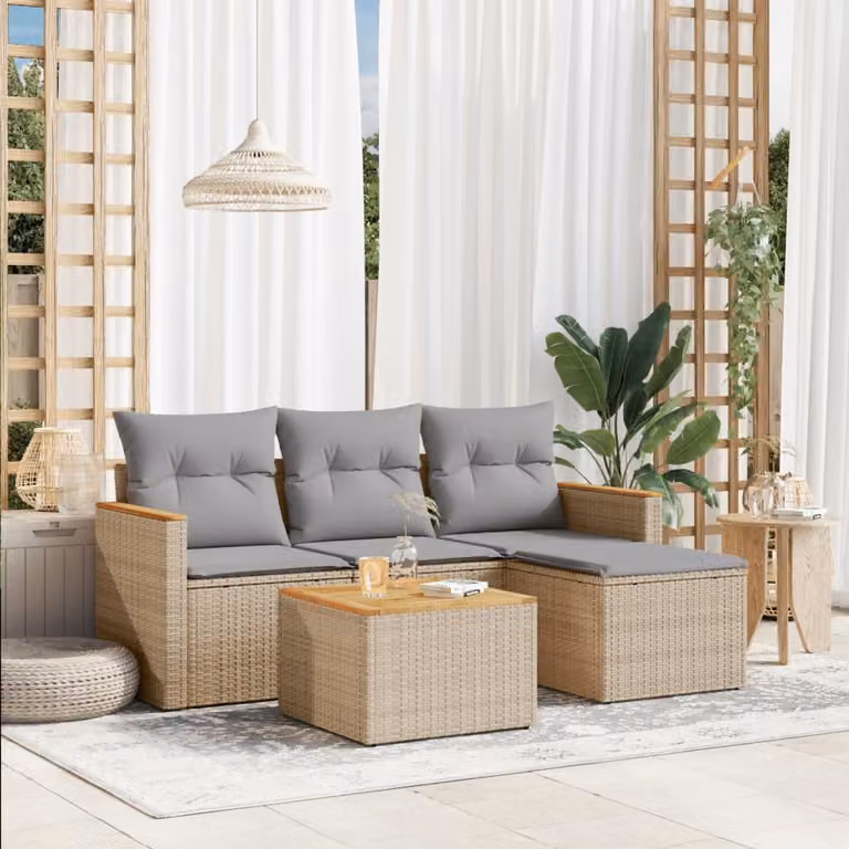 Set Divano da Giardino a L vidaXL 5 pz con Cuscini Beige e Grigio in Polyrattan e Metallo
