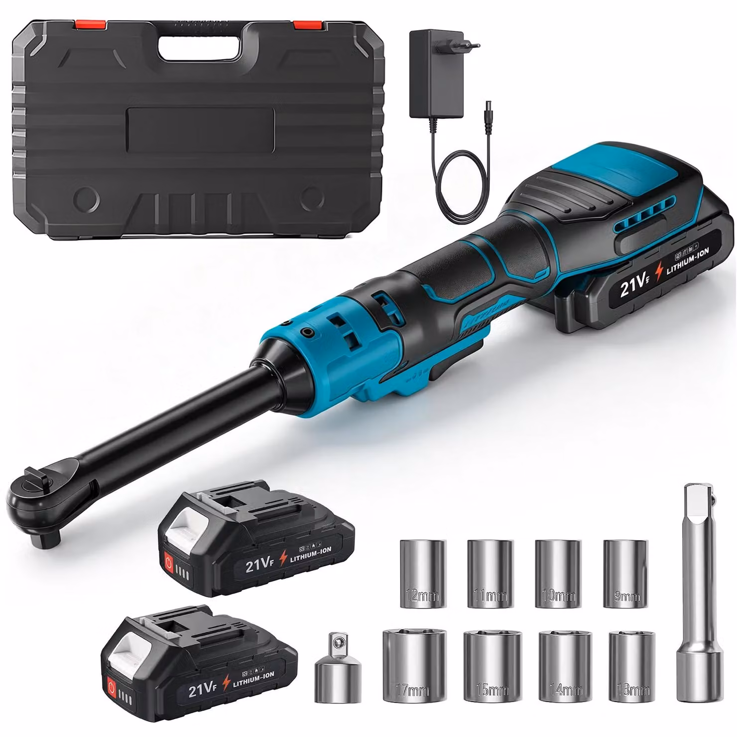 Chiave a cricchetto elettrica senza fili - Attacco da 0,95 cm - 21 V - 400 giri/min - Estensione di 16 cm - Ricaricabile - 2 batterie