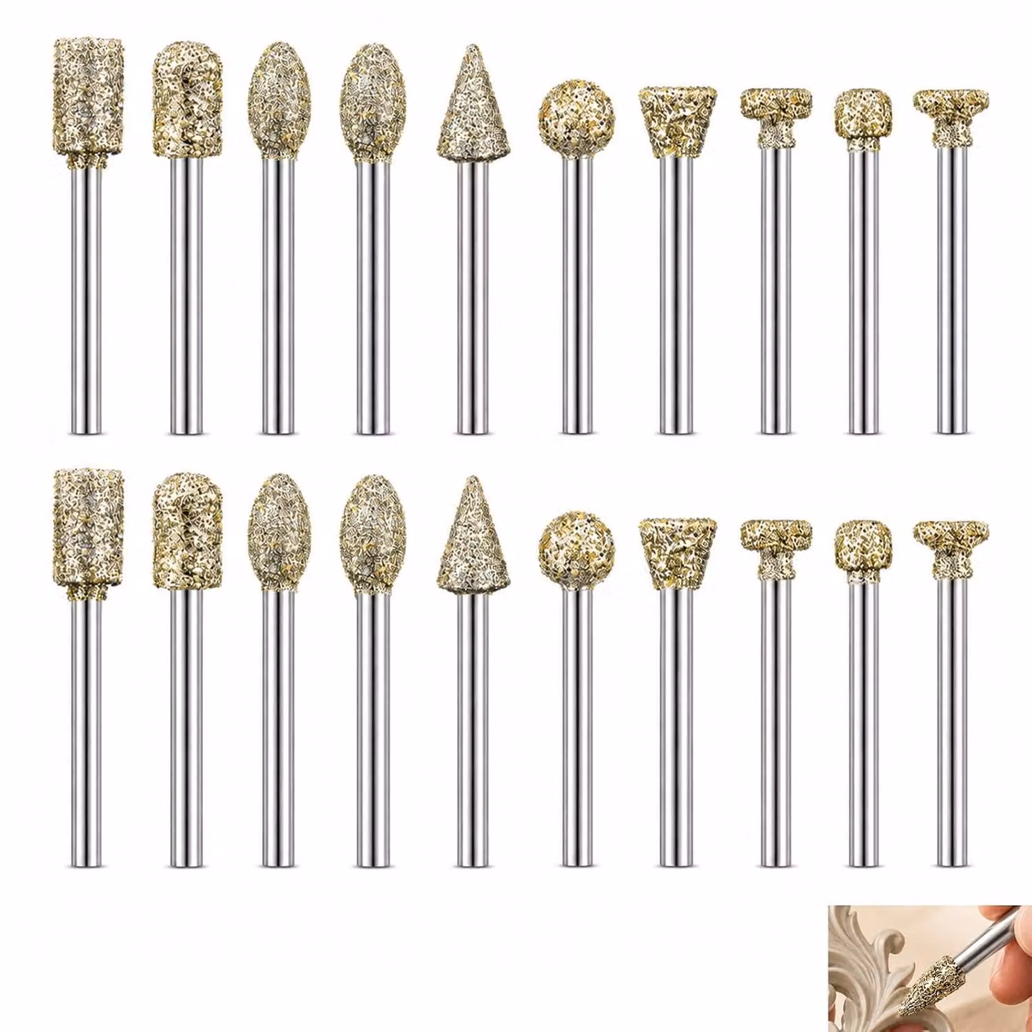 Set di frese diamantate, 20 pezzi, 3 mm, per incisione e levigatura