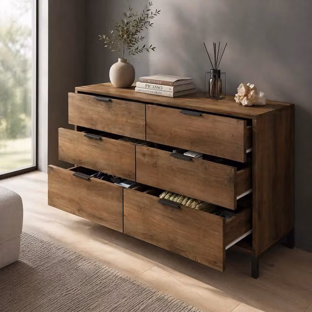 Cassettiera Mivray con 6 cassetti in legno marrone opaco e dettagli in metallo L/P/H: 120 x 40 x 76 cm