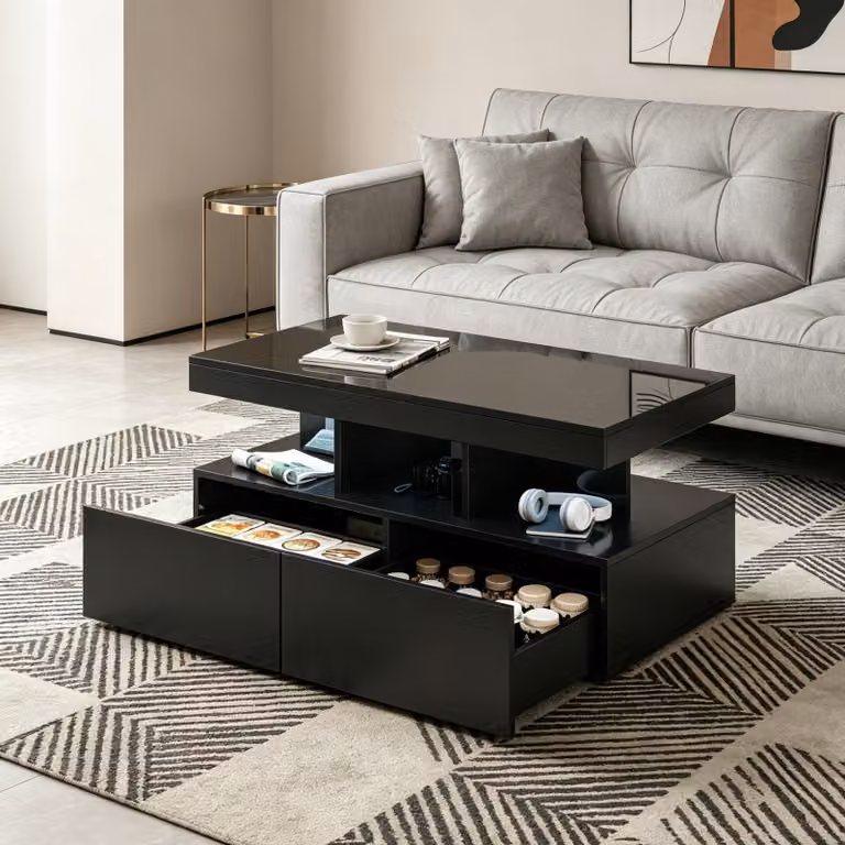 Tavolino INONEFT, tavolino da soggiorno con illuminazione LED a 16 colori, moderno tavolino ausiliario con ripiani e cassetti, 104 x 53 x 46 cm, nero