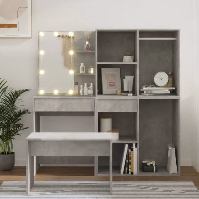 Set Tavolo da Toeletta vidaXL con LED Grigio, Design Moderno e Finitura Opaca – 1