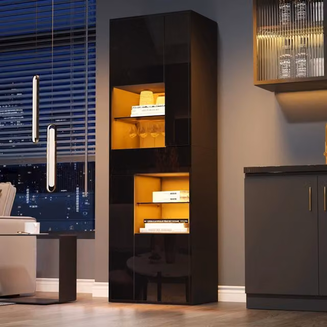 Vetrina REDOM con illuminazione LED, ante in vetro e 1 cassetto, Nero lucido, L: 55 cm, P: 38 cm, H: 170 cm – 1