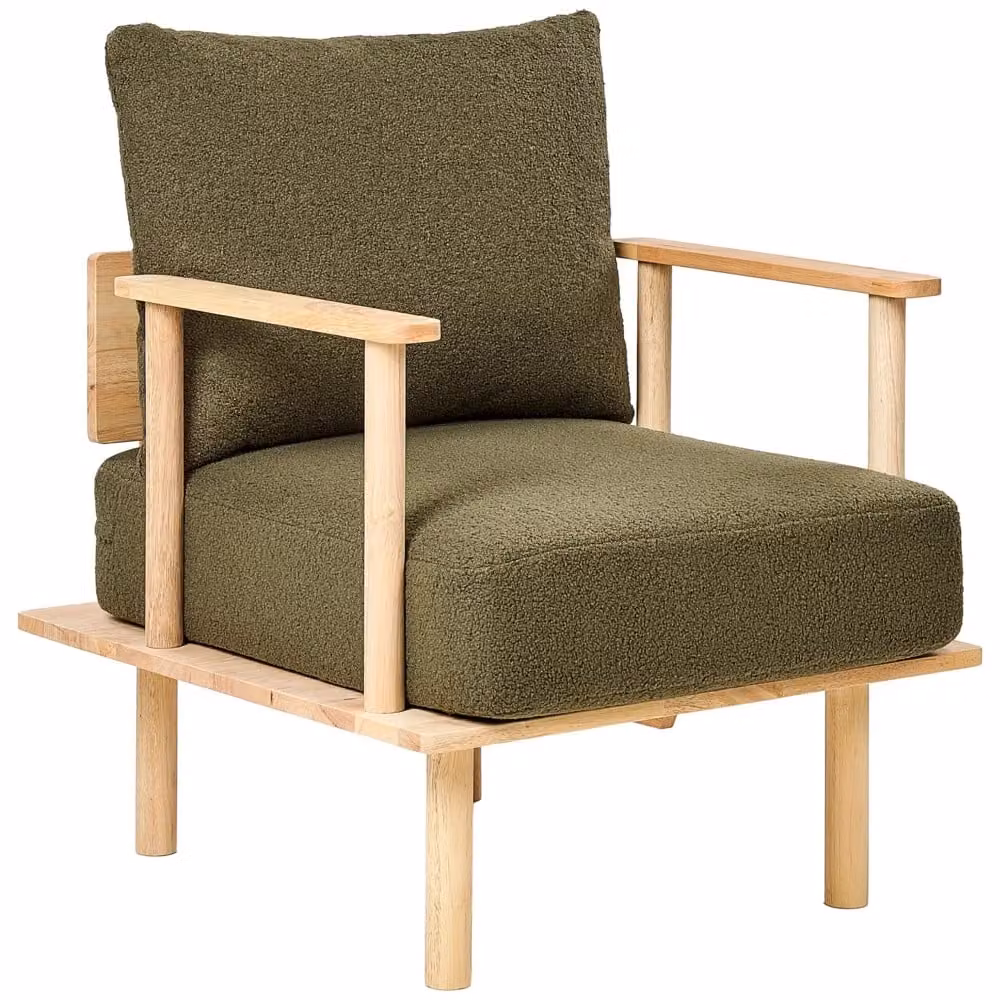 Poltrona minimalista BELIANI in tessuto boucle verde scuro con struttura in legno di gomma e braccioli