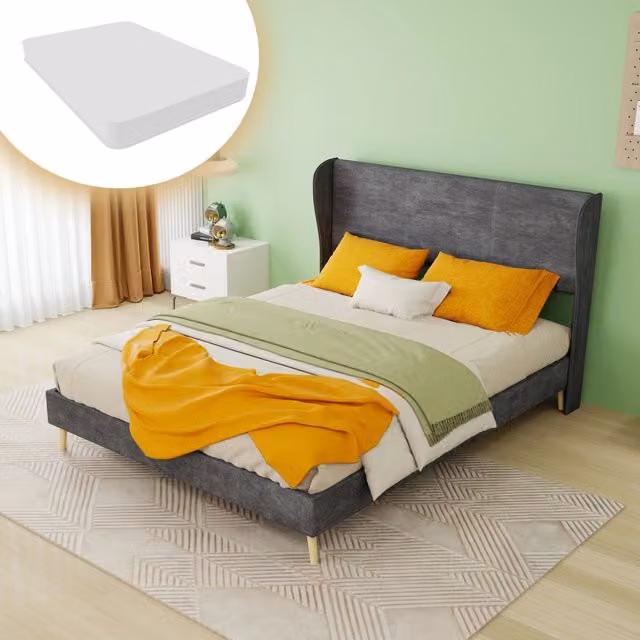 Letto matrimoniale 140×200 cm con testiera imbottita e base bassa, senza materasso, tessuto e metallo, grigio