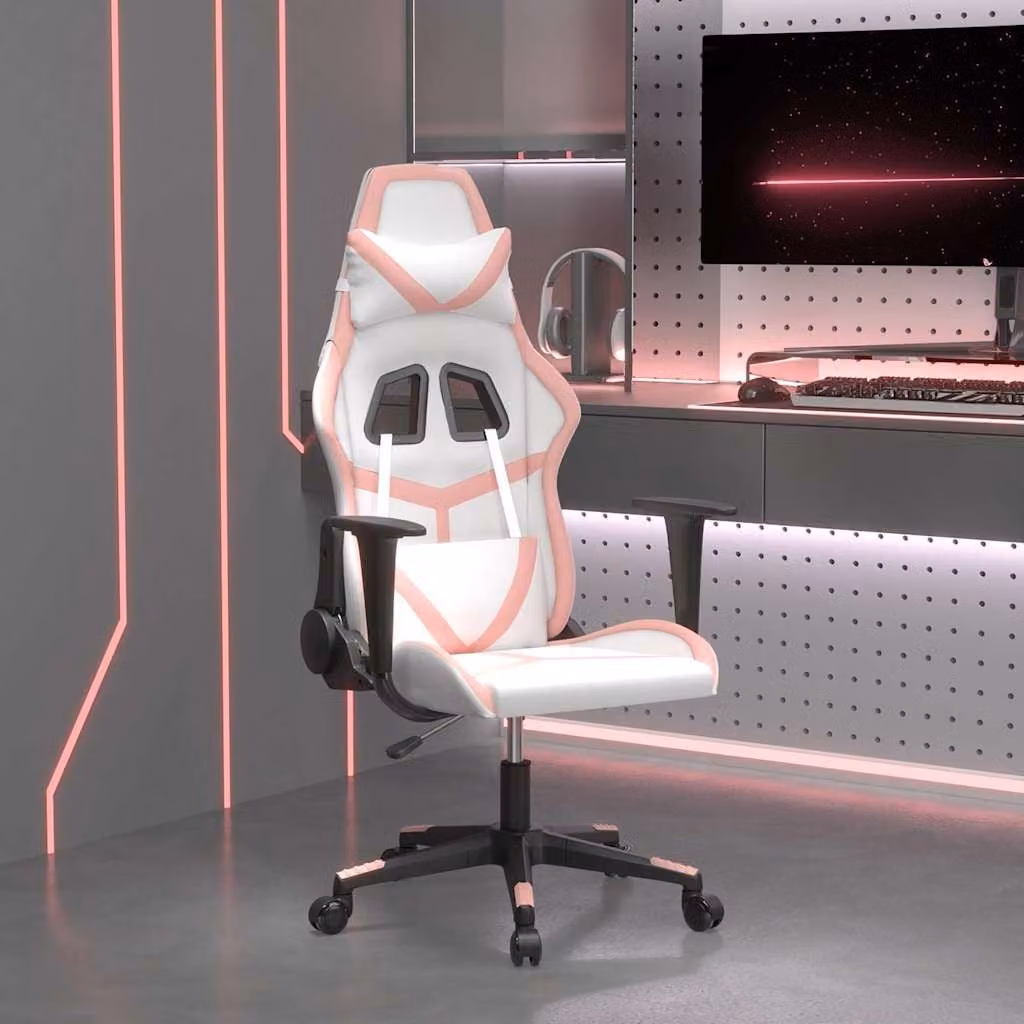 Sedia da Gaming vidaXL in Similpelle Bianco e Rosa con Poggiatesta e Ruote, Reclinabile e Girevole 360°