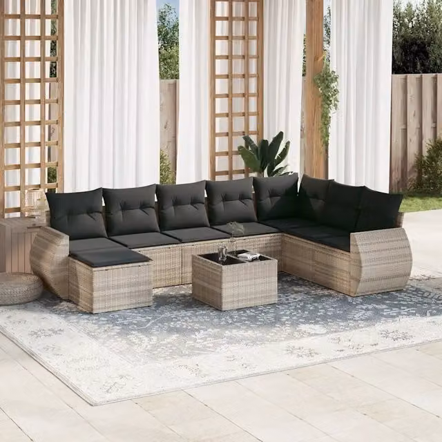 Set Divano da Giardino 9pz con Cuscini Grigio Chiaro Polyrattan 3221771