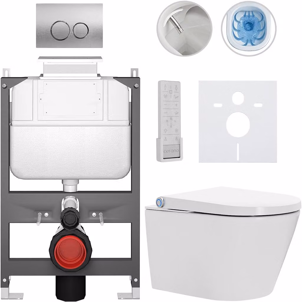 Water WC sospeso con bidet Basic/Cronus Premium - bianco lucido - pulsante WC Dualo/Argento - azionamento superiore - installazione a parete - 59,3x38,4 cm