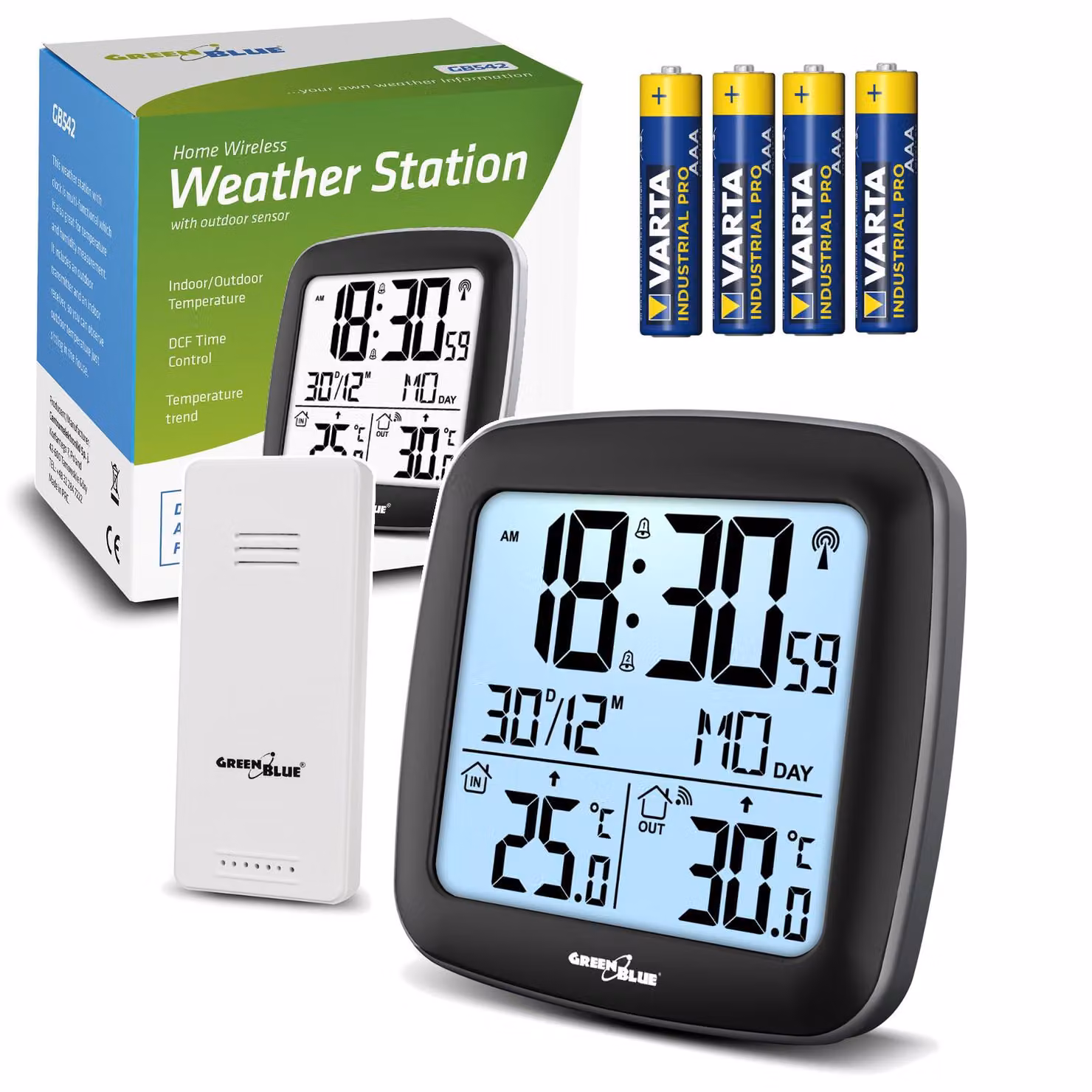 Stazione meteo wireless GreenBlue con allarme calendario DCF GB542 + 4x batterie alcaline AAA Varta Industrial