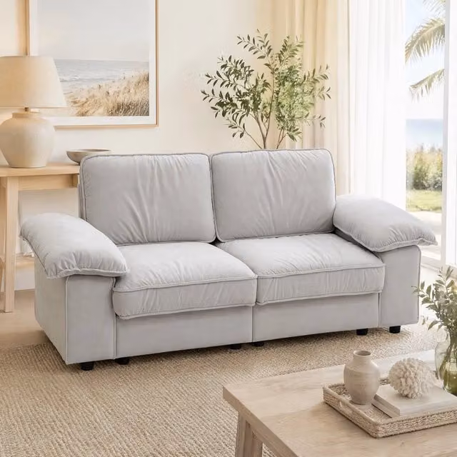 Divano Mivray moderno con vano contenitore in tessuto bianco con braccioli imbottiti e cuscini removibili – 1