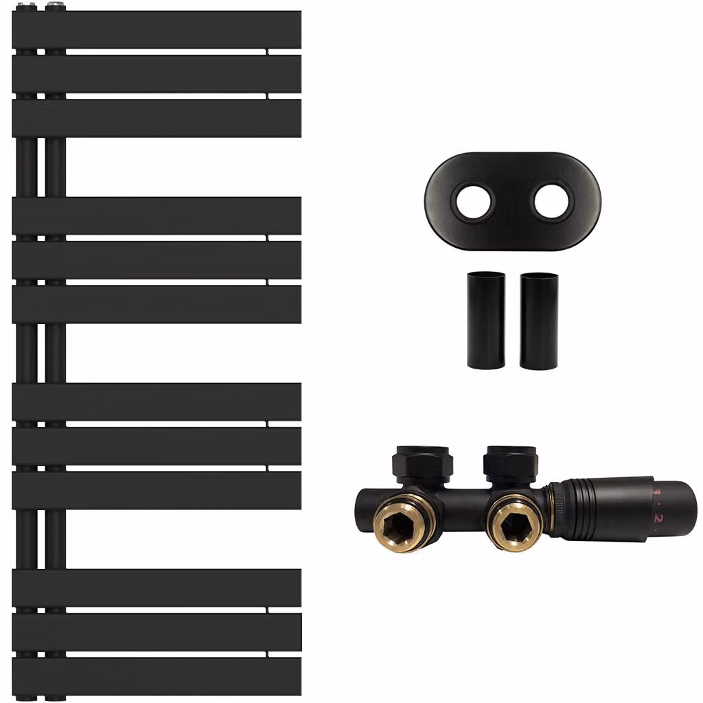 Set radiatore per bagno Theo - riscaldamento centralizzato - attacco asimmetrico da 50 mm - 575W - nero opaco - 1200x500 mm