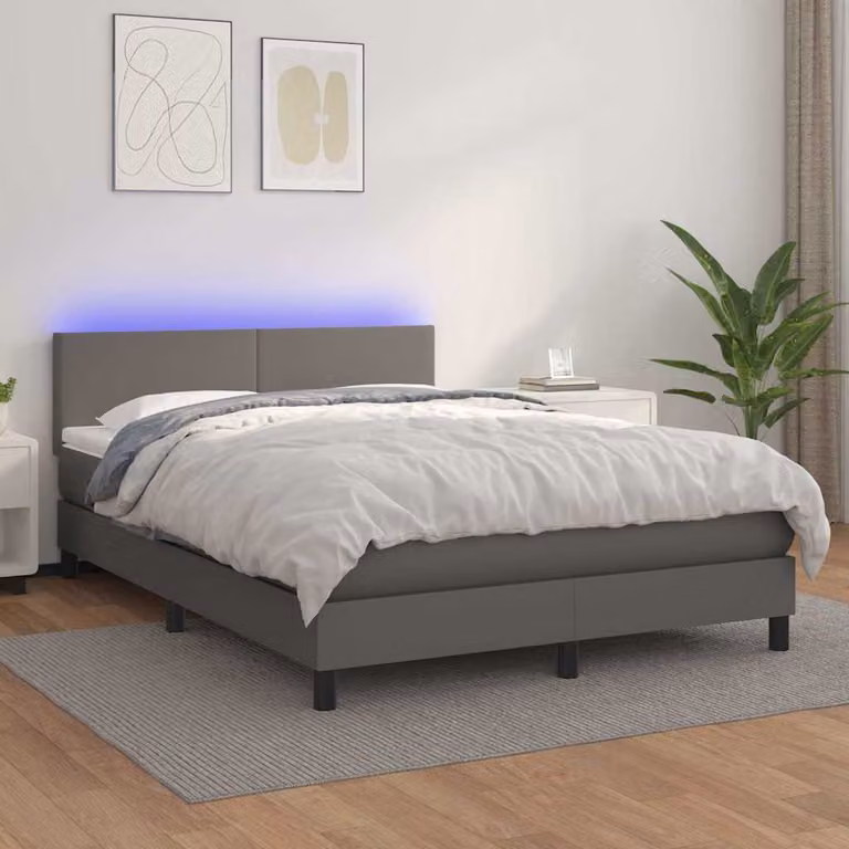 vidaXL Giroletto con Molle, Materasso e Illuminazione LED in Similpelle Grigia, L/P: 140 x 200 cm