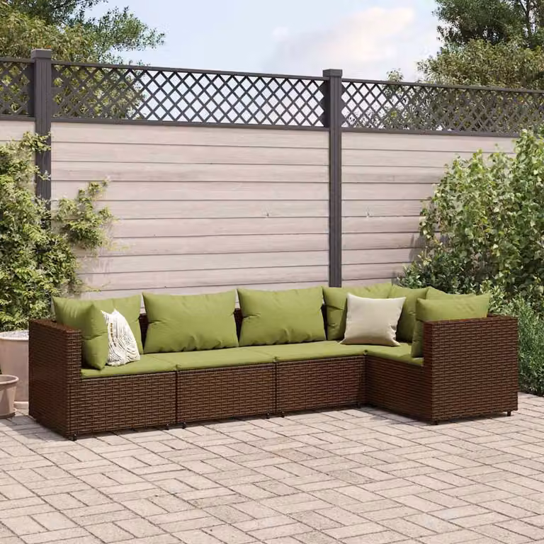 vidaXL Set Divani da Giardino 5 pz a Forma a L con Cuscini Marrone e Verde in Polyrattan e Metallo