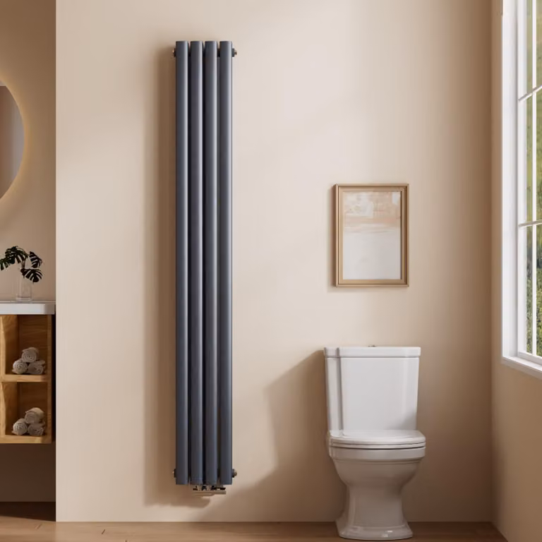 Radiatore tubolare di design EMKE per il funzionamento ad acqua calda con attacco centrale verticale ovale a doppio strato 678 watt 24 cm x 180 cm antracite senza elemento riscaldante