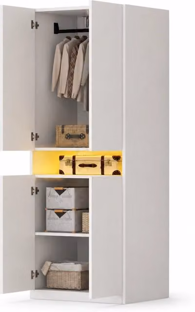 Armadio guardaroba 70x55x180 cm a 2 ante con vano illuminato LED; bianco