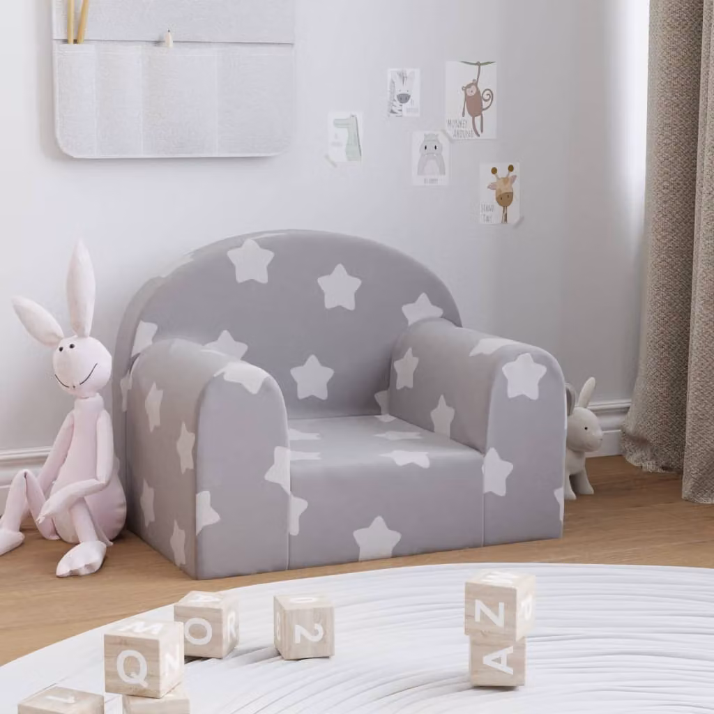 vidaXL Divano per Bambini Grigio con Motivo Floreale in Morbido Peluche L: 52 cm, P: 40 cm, H: 34 cm