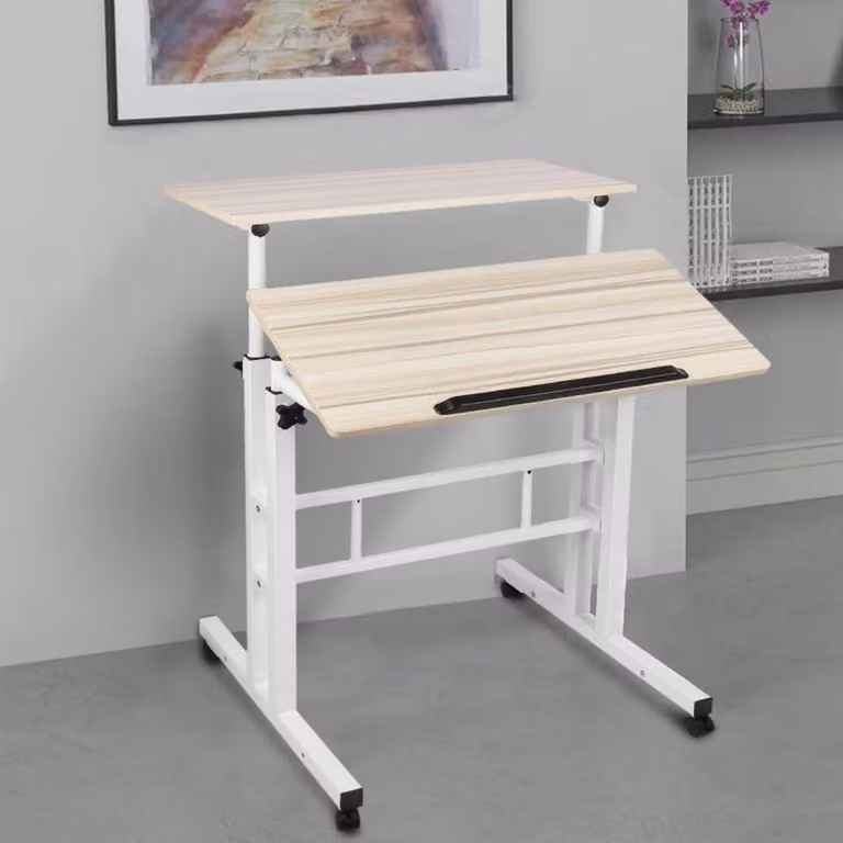 Scrivania regolabile in altezza con rotelle, dimensioni 80 x 60 x 67-115 cm, finitura effetto legno anticato