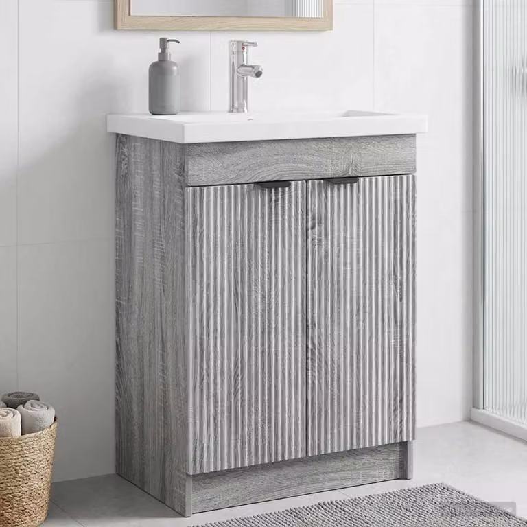 Mobiletto da bagno sotto il lavello vidaXL in stile moderno, colore grigio Sonoma, con ante a cerniera e ripiani interni, L/P/H: 81,0 x 37,5 x 56,0 cm
