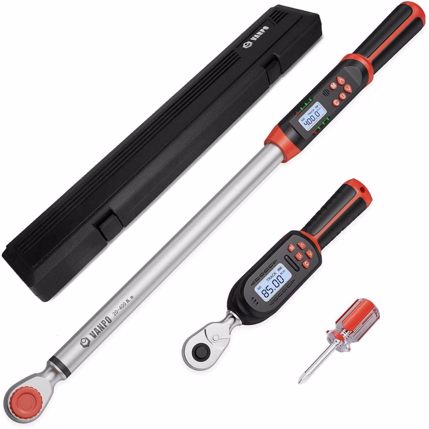 Chiave dinamometrica digitale da 3/8" con coppia da 4,2-85 Nm e da 1/2" con coppia da 20-400 Nm, precisione ±2%, memoria, cicalino, LED